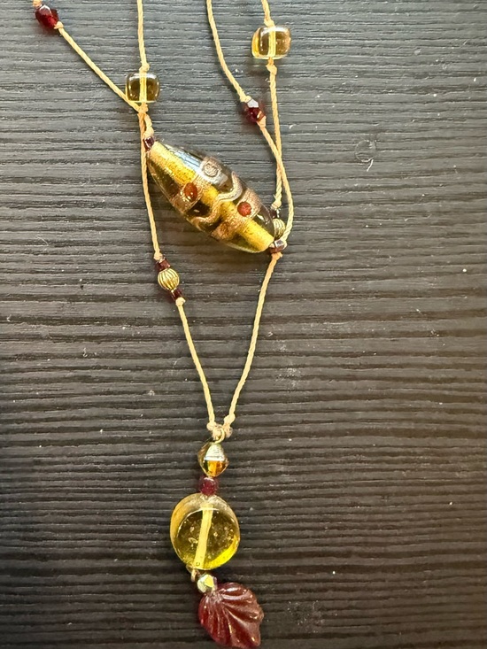 Jewelry - Gold-Toned Glass Bead Pendant Necklace with Amber Accents